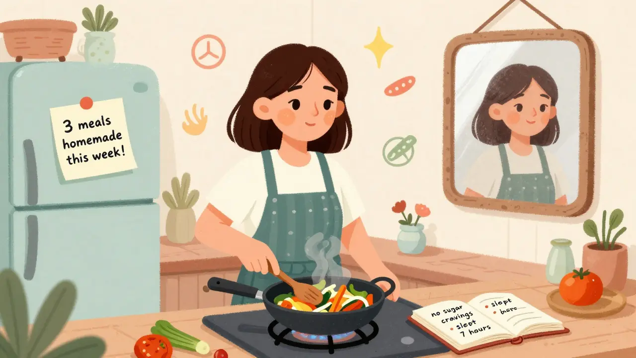 Woman cooking healthy food in a kitchen, with sticky notes and journal listing non-scale victories like better sleep and no cravings.