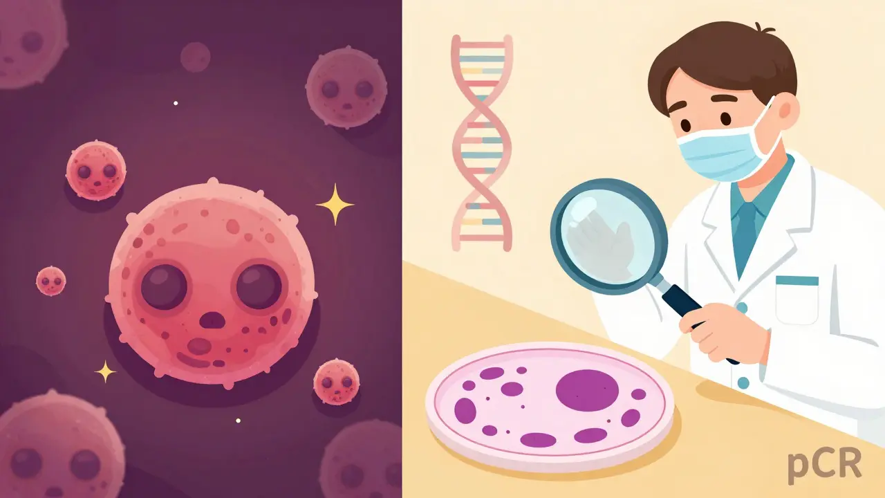 A breast tumor dissolving into sparks on one side, and an empty tissue sample labeled 'pCR' on the other.