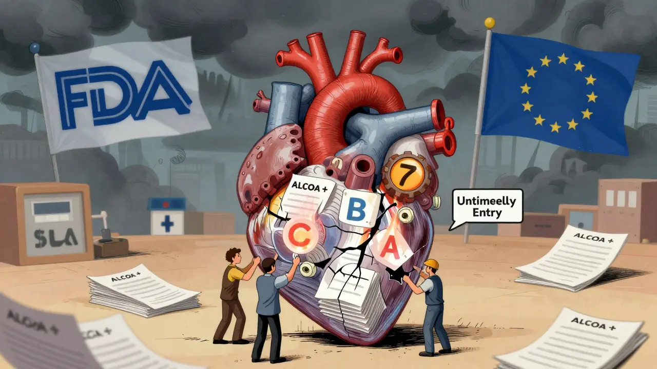A heart made of documents pulses with ALCOA+ values, as workers rush to fix a cracked 'Untimely Entry' valve amid regulatory symbols.