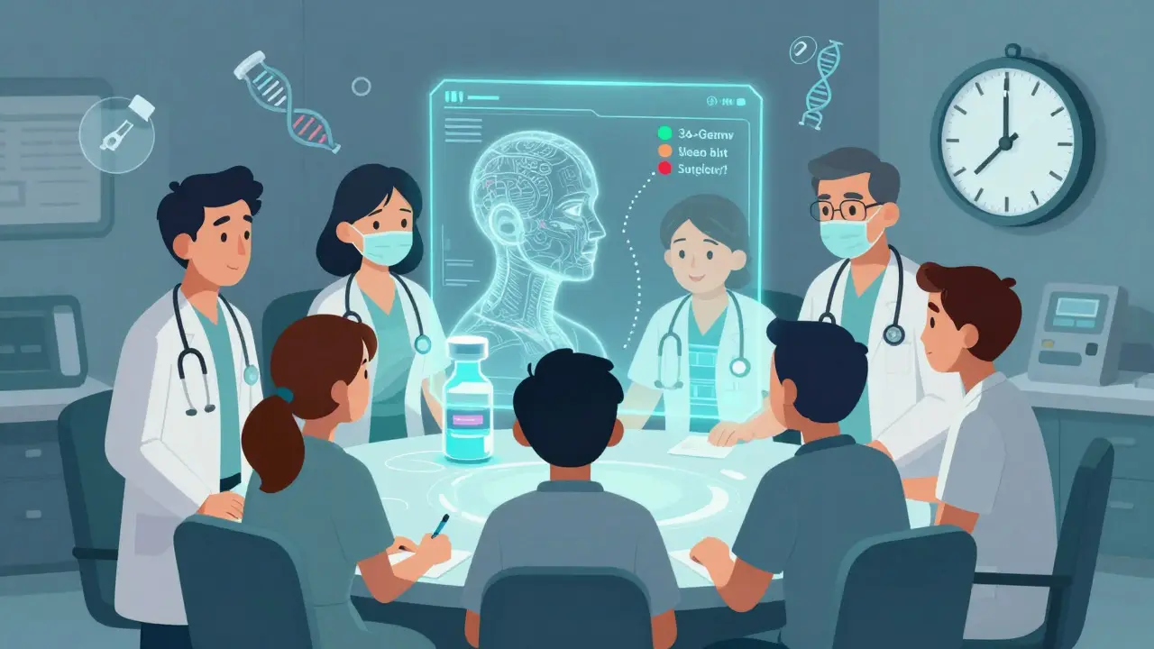 A medical team reviewing a glowing patient profile with a DNA blood test indicating treatment response.