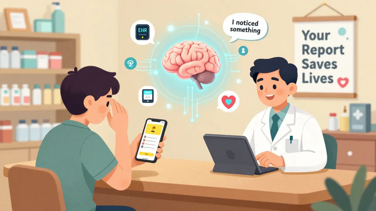 A patient reports side effects via app at a pharmacy while data streams from EHRs and wearables flow into an AI brain.
