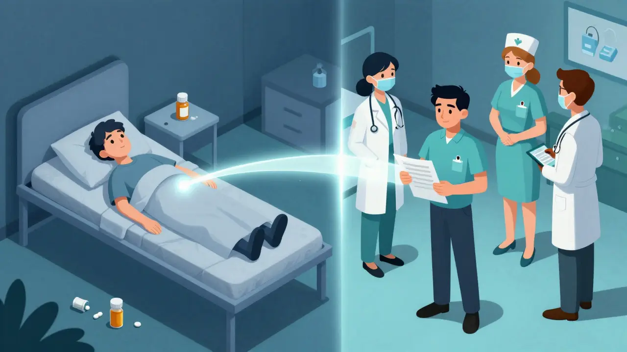 A person transforms from isolated and overwhelmed to supported and empowered through healthcare teamwork.