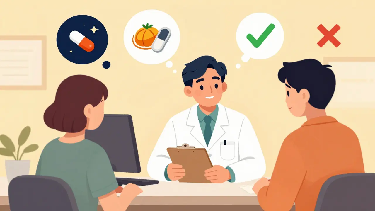 A pharmacist and patient talk at a counter, with visual solutions floating above them like thought bubbles.