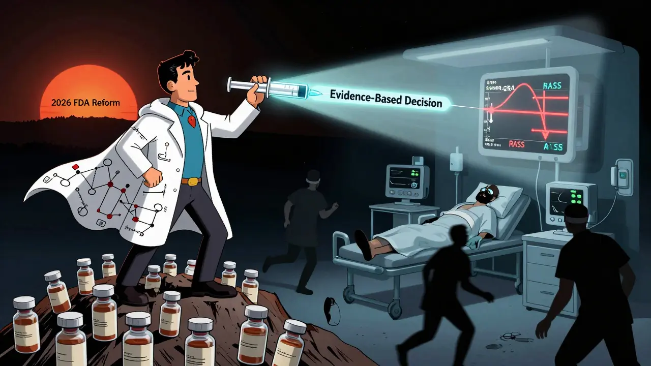 A superhero pharmacist saves ICU patients by applying evidence-based drug replacement, as outdated medications crumble beneath them.