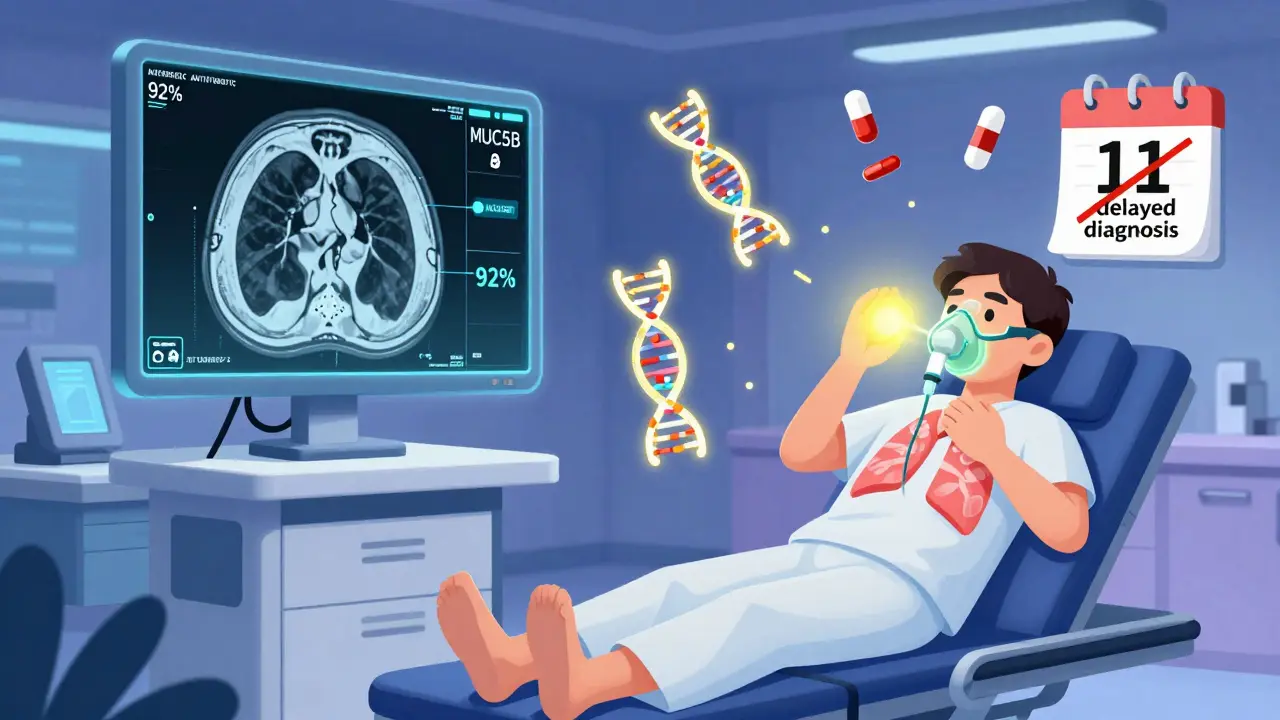 AI analyzing lung scans while a patient exercises in rehab, surrounded by genetic and treatment symbols.