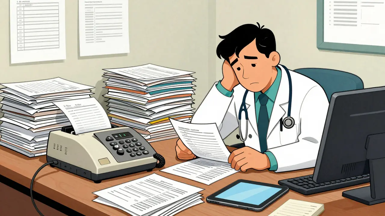 Cluttered office desk with fax machine and paperwork piles.