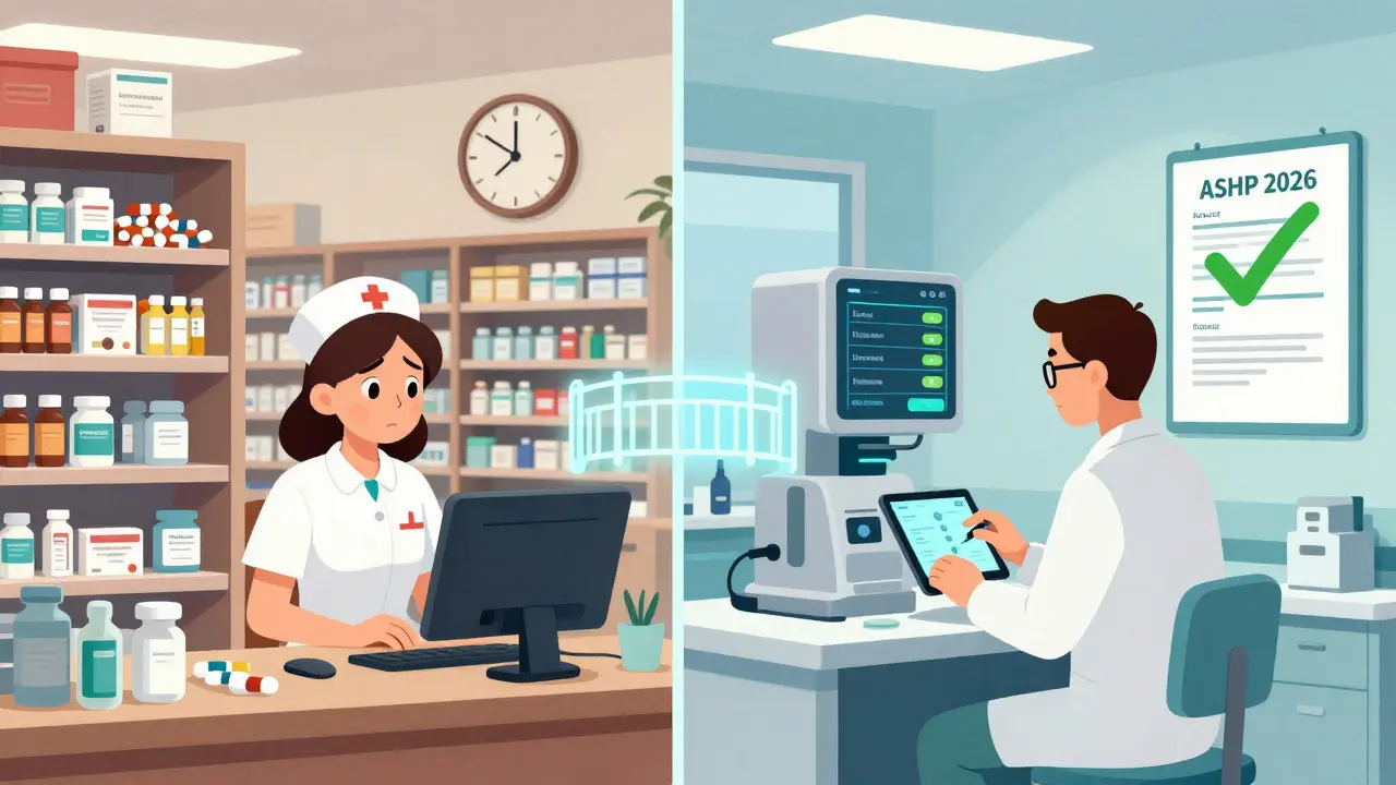Contrast between a disorganized community pharmacy and a high-tech academic hospital with automated alerts and pharmacist using AI.