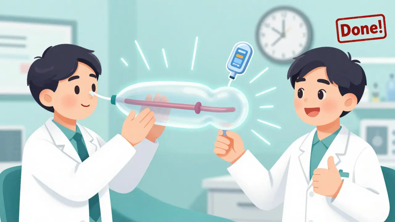 Doctor inserting a tiny balloon into a nasal passage to dilate the Eustachian tube in a clinic setting.