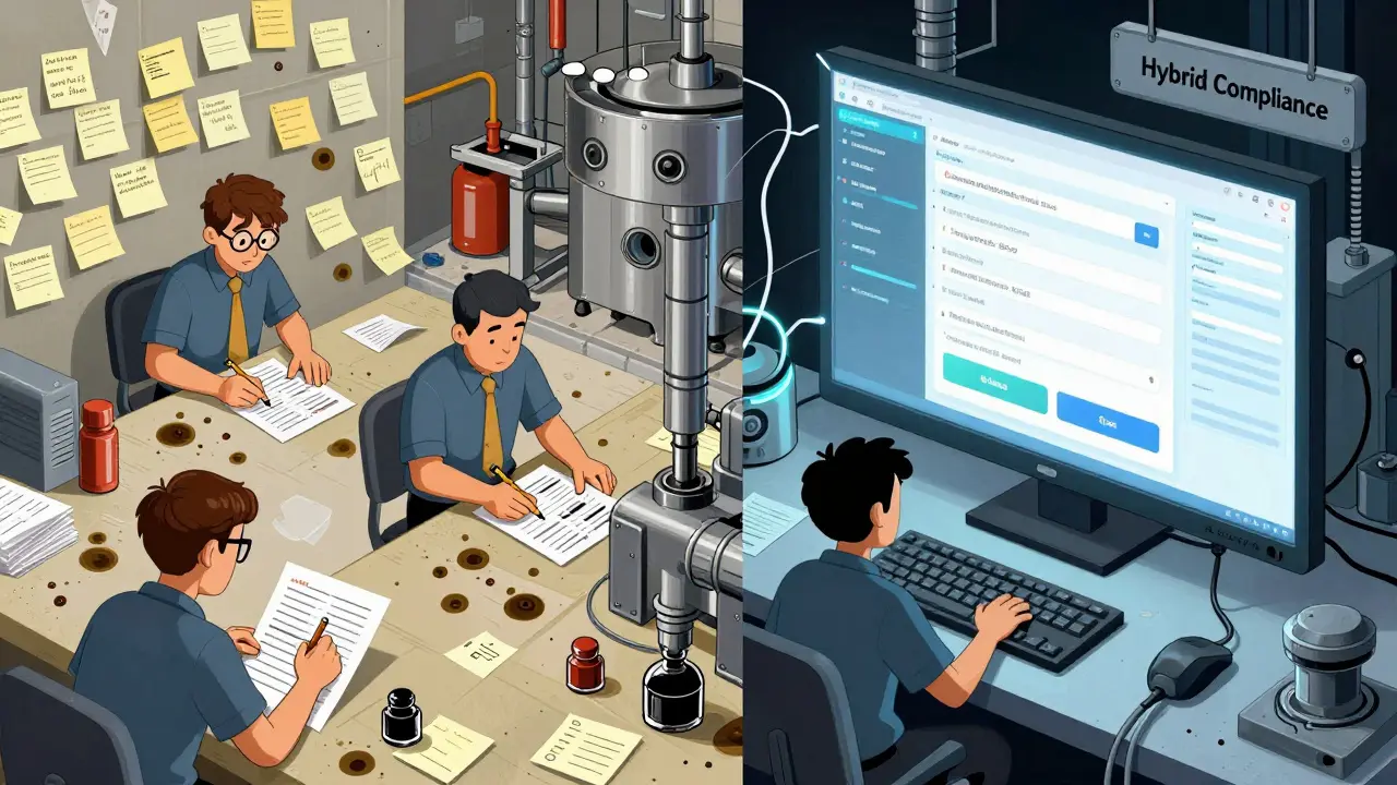 Factory workers use paper logs on one side, while digital systems glow with audit trails on the other, connected by a fragile thread.