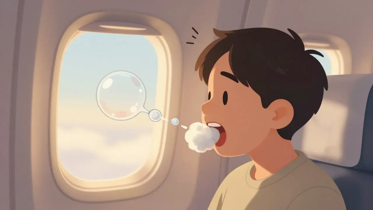 Person chewing gum on a flight with a balloon-like air bubble opening the Eustachian tube to pop the ear.