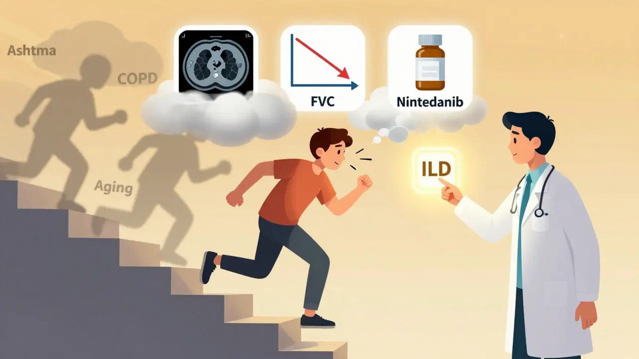 Person climbing stairs with lung diagnostics and a pulmonologist revealing an ILD diagnosis.