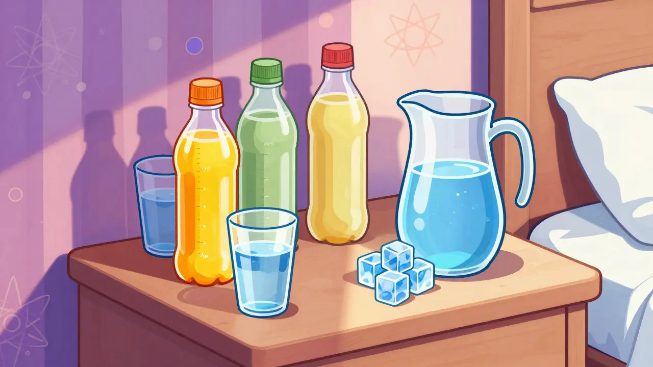 Person drinking clear liquids and managing hydration bottles