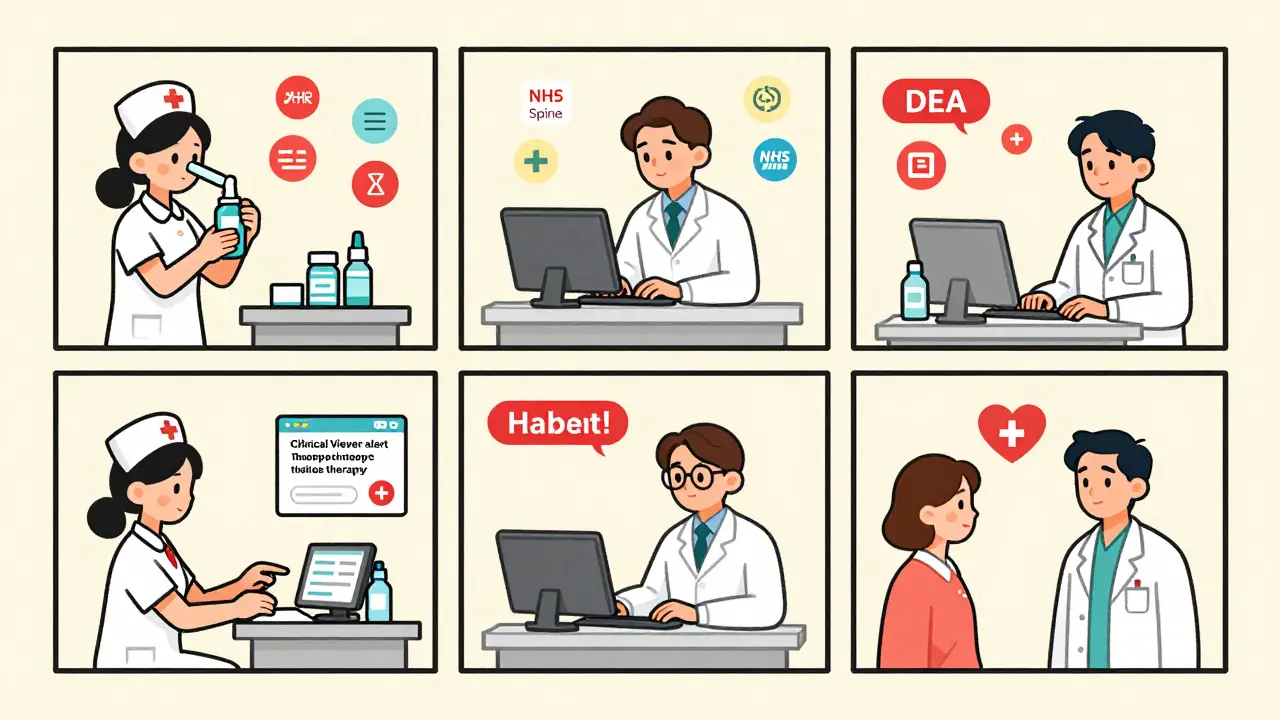 Pharmacy workflow with four panels showing automated approvals, clinical alerts, and empathetic patient interaction.