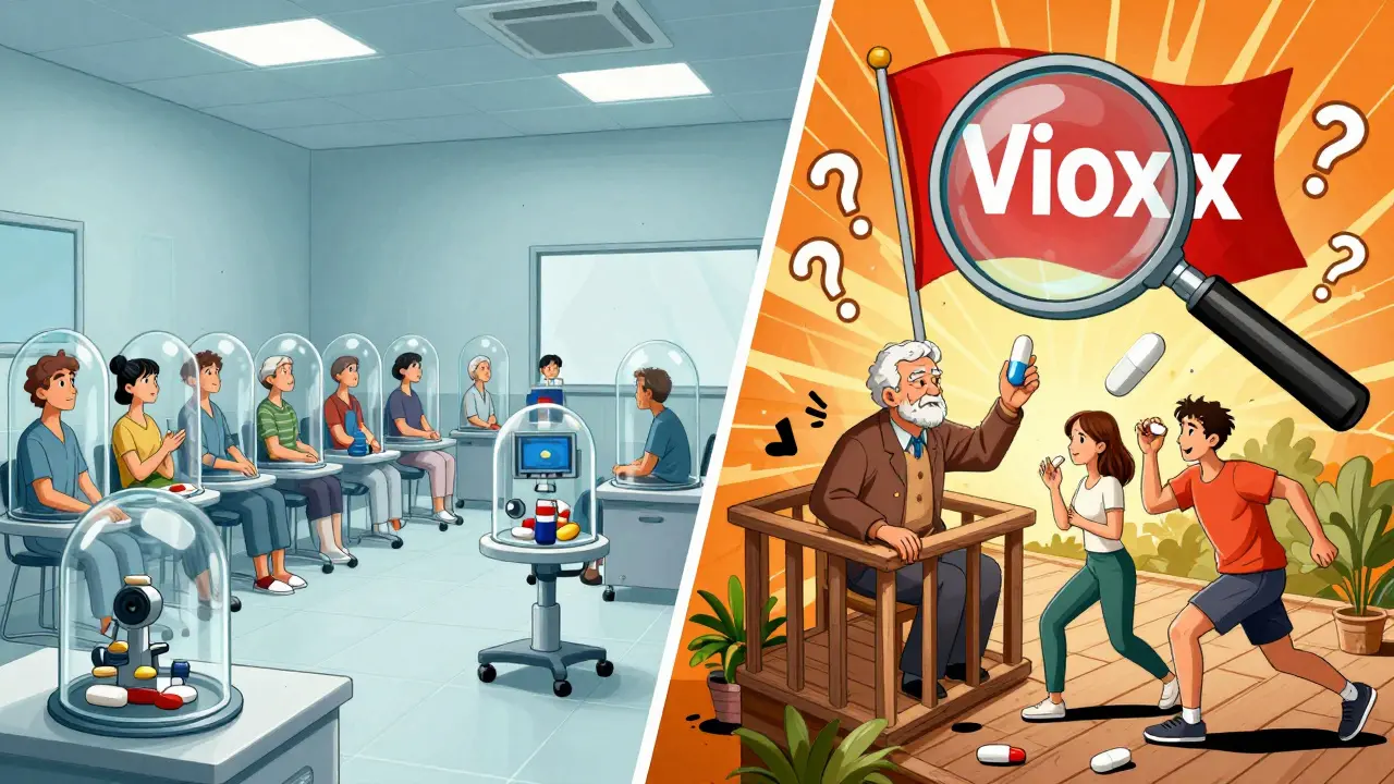 Split scene: controlled clinical trial on left, diverse real-world users on right, with a magnifying glass revealing a red flag for Vioxx.