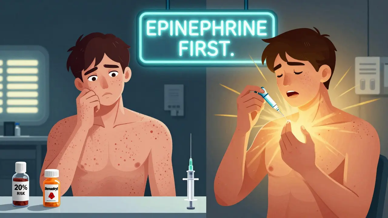Split scene: hesitating with Benadryl vs. using epinephrine with light radiating