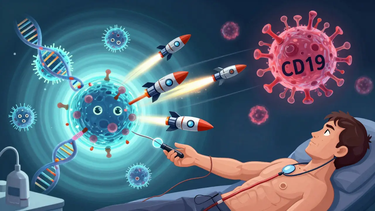 T-cells being engineered into fighter jets that hunt cancer cells marked CD19 in a glowing lab.