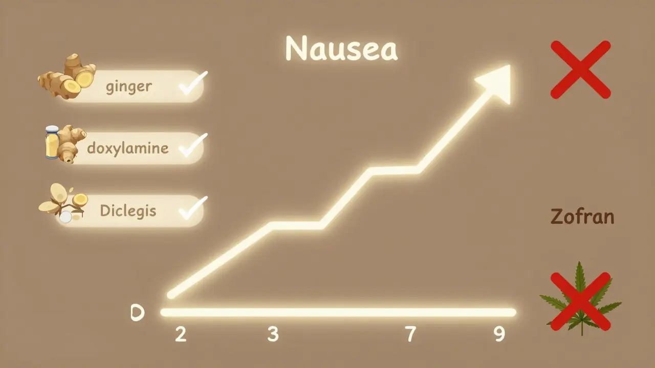 Timeline of pregnancy nausea with safe remedies glowing and unsafe ones crossed out.