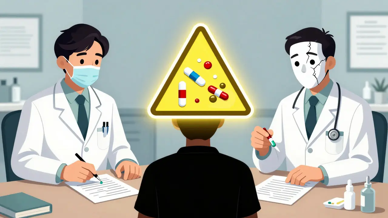 Two doctors prescribing opioids to same patient unaware of each other, with overlapping drug icons and warning triangle.