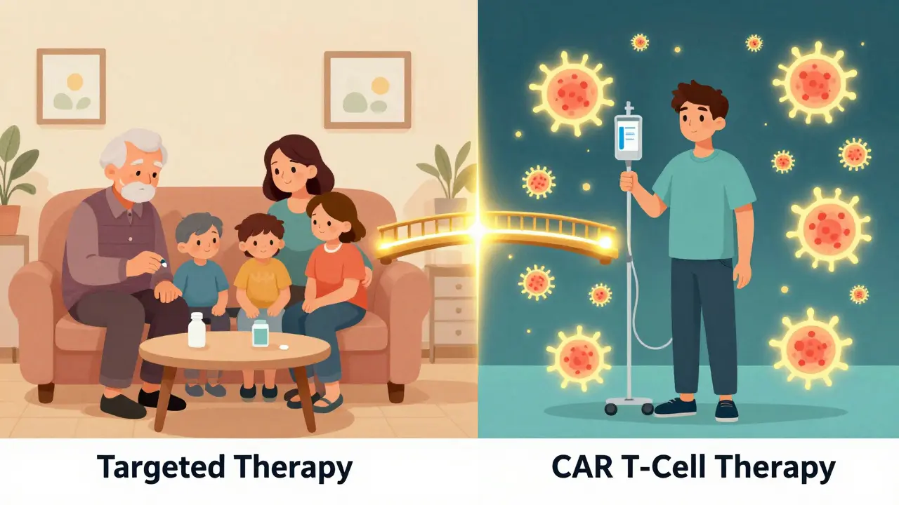 Two patients: one taking a pill at home, another receiving infusion with glowing immune cells, symbolizing treatment options.