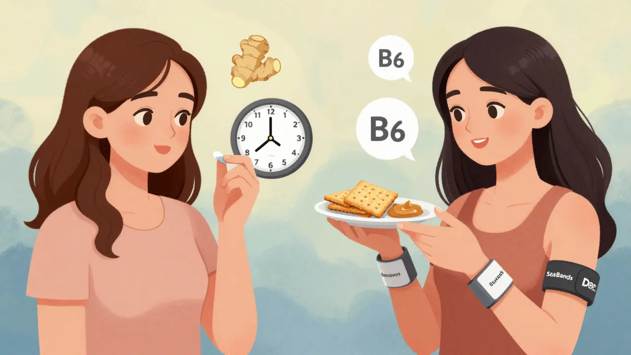 Two women using ginger, acupressure bands, and snacks to manage morning sickness.