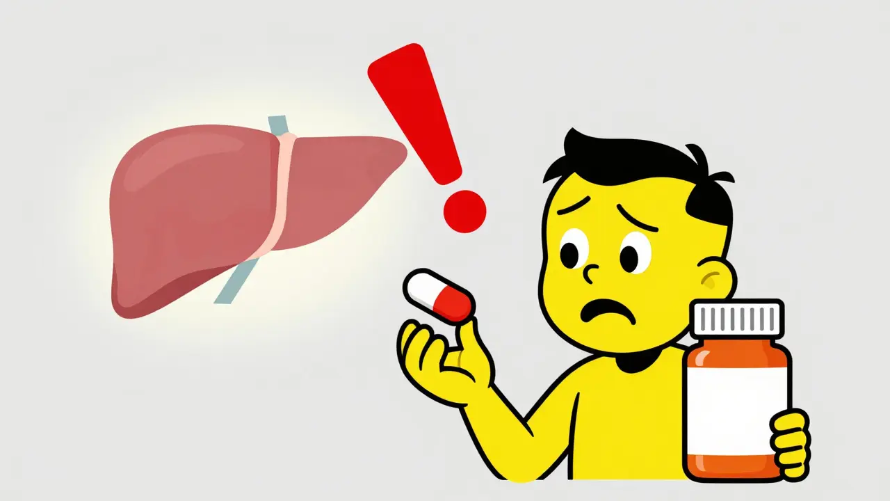 A character cautiously checking medication labels to avoid an overdose.