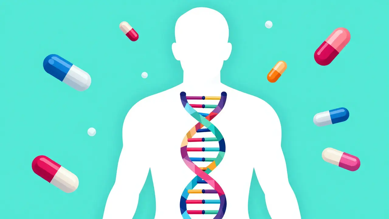 A conceptual image of a DNA helix filtering personalized generic medications for a patient.