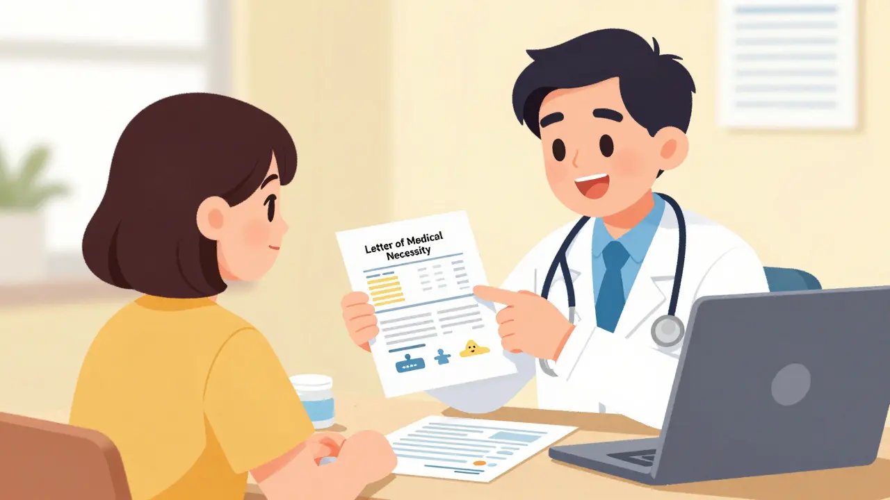 A doctor and patient working together on a medical necessity letter for an insurance appeal.