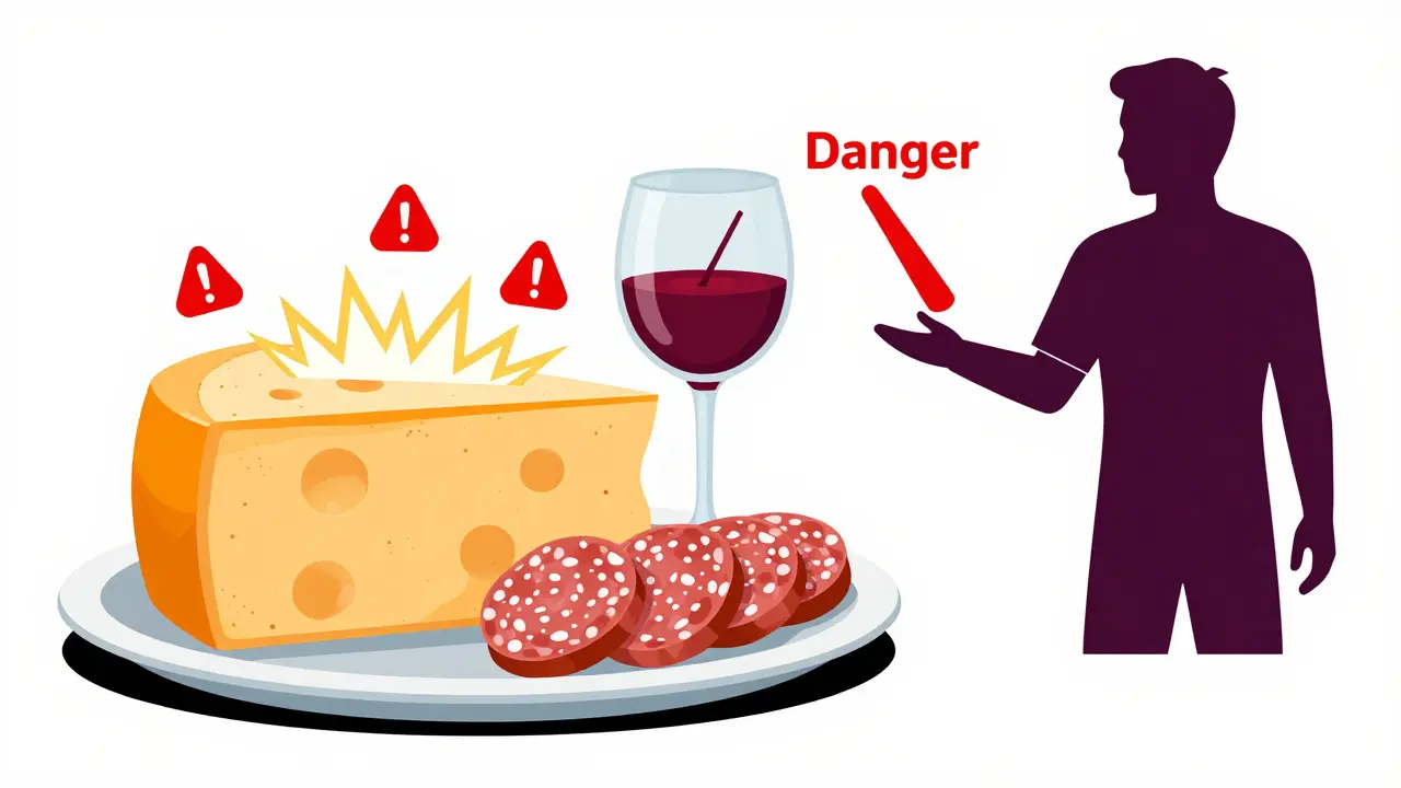Aged cheese and wine with electric sparks and a spiking blood pressure gauge.