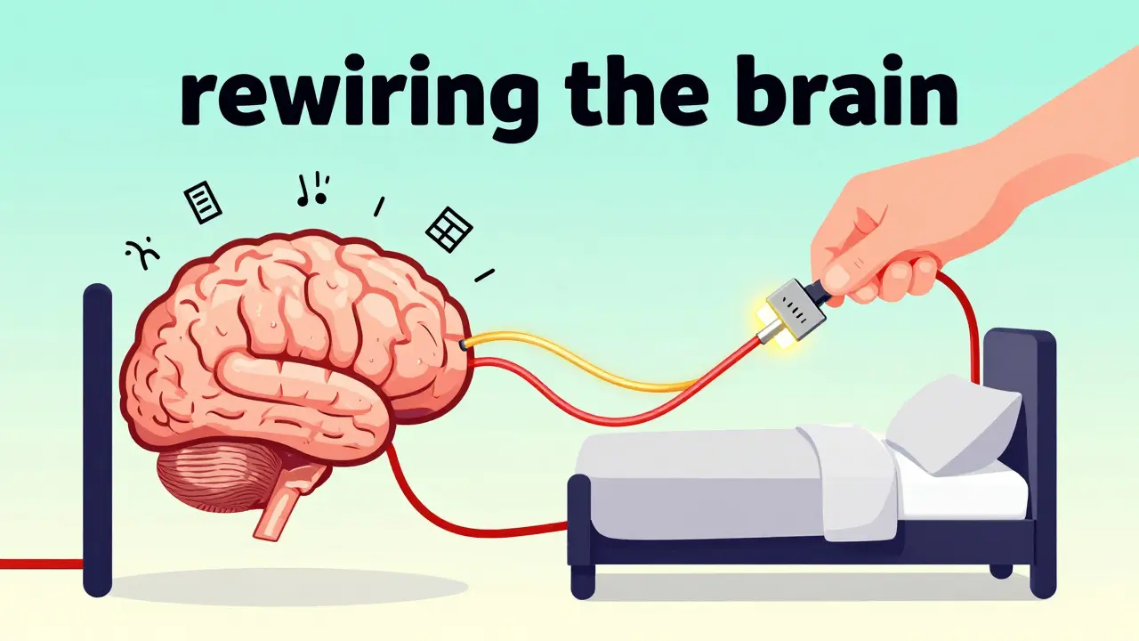 Conceptual illustration of a brain being re-trained to associate a bed with sleep