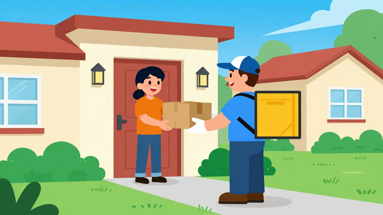 Delivery driver handing a package to a customer at their home.