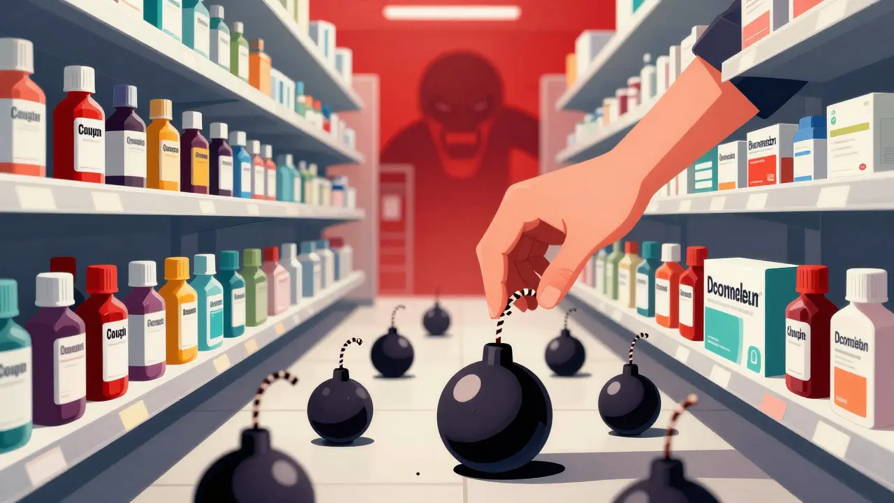 Hand reaching for pharmacy medicine bottles depicted as ticking time bombs.