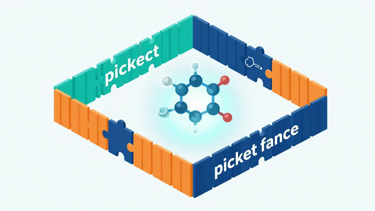 Overlapping colorful fences surrounding a molecule, symbolizing the picket fence patent strategy.