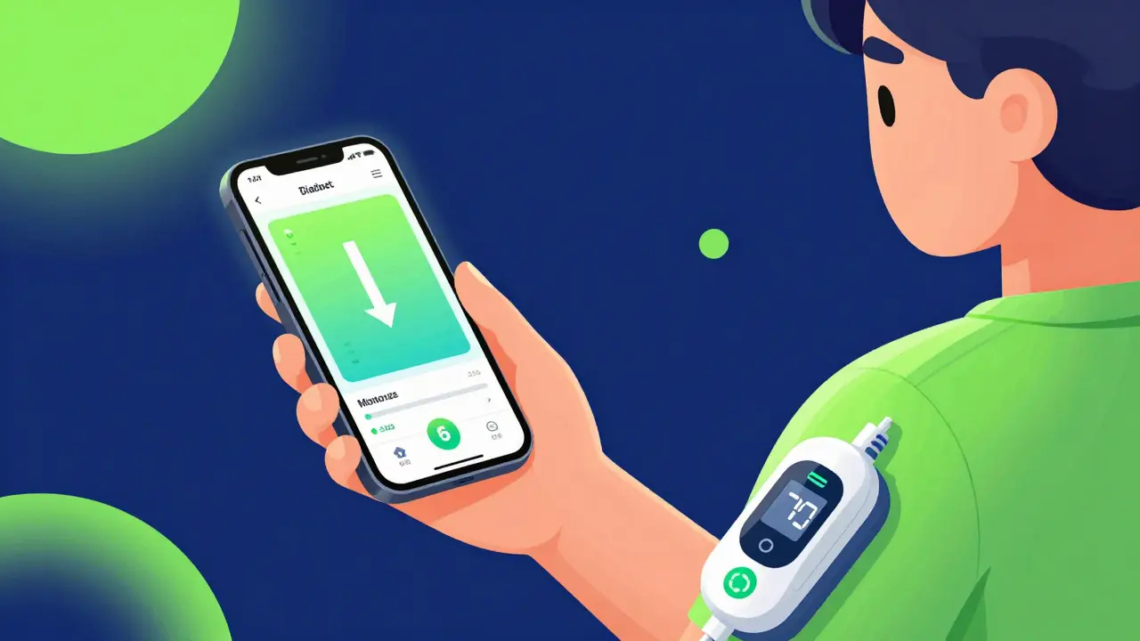 Person checking a CGM trend arrow on a smartphone with an insulin pump