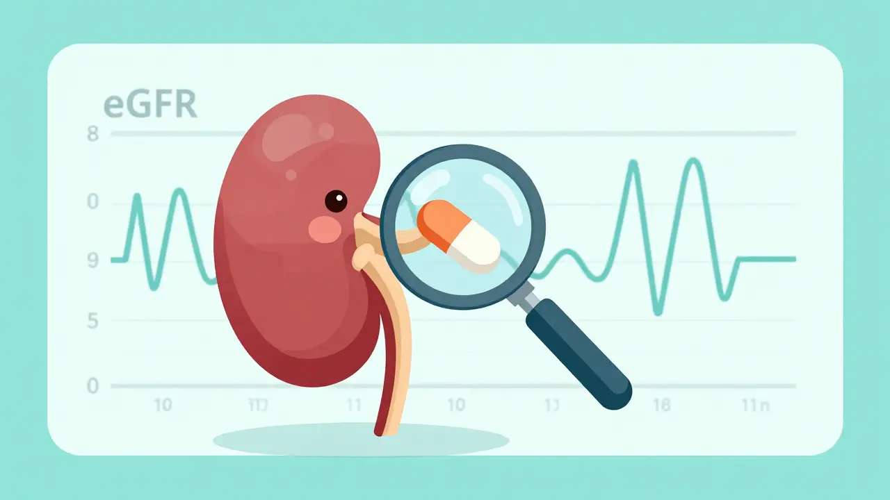 Stylized kidney character examining a Metformin pill with a magnifying glass