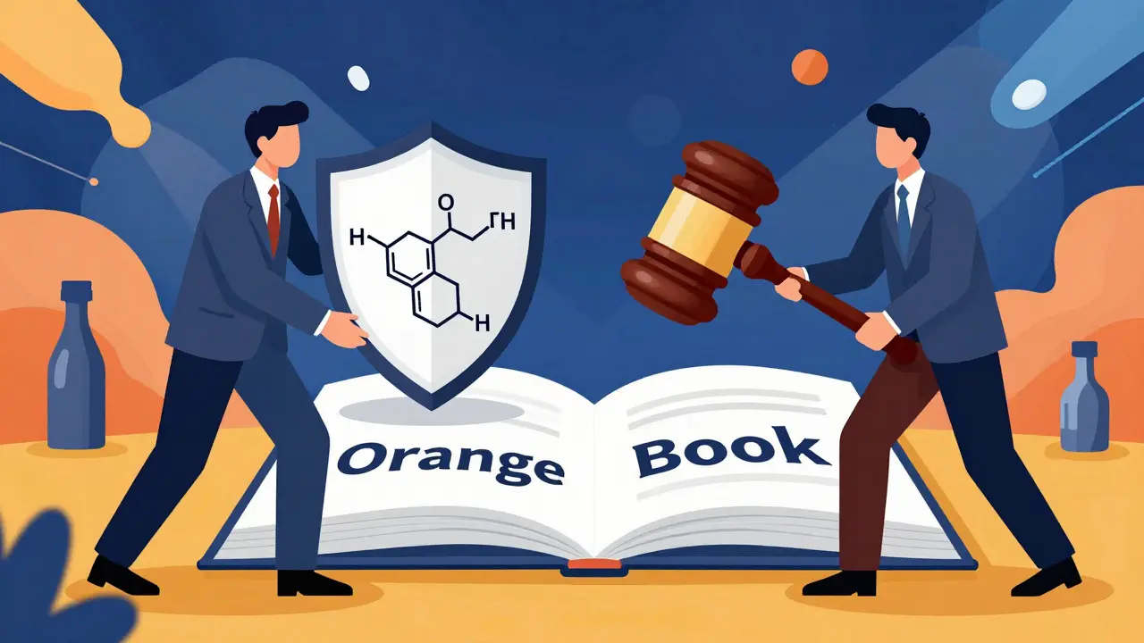Two business figures facing off over a giant FDA Orange Book in a legal battle.