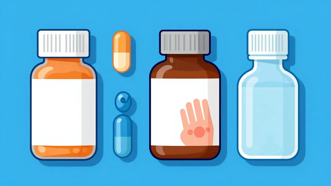 Various types of pain relief medication bottles in a flat lay illustration.