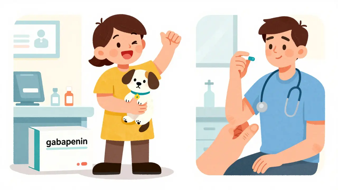 Cartoon showing safe gabapentin use for pets and humans separately.