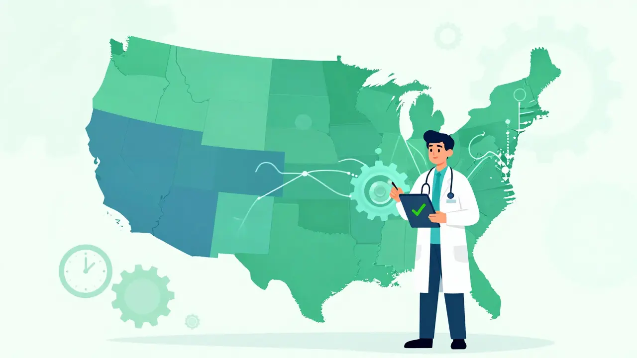 Concept art of unified state laws merging, with a pharmacist using tech for compliance.