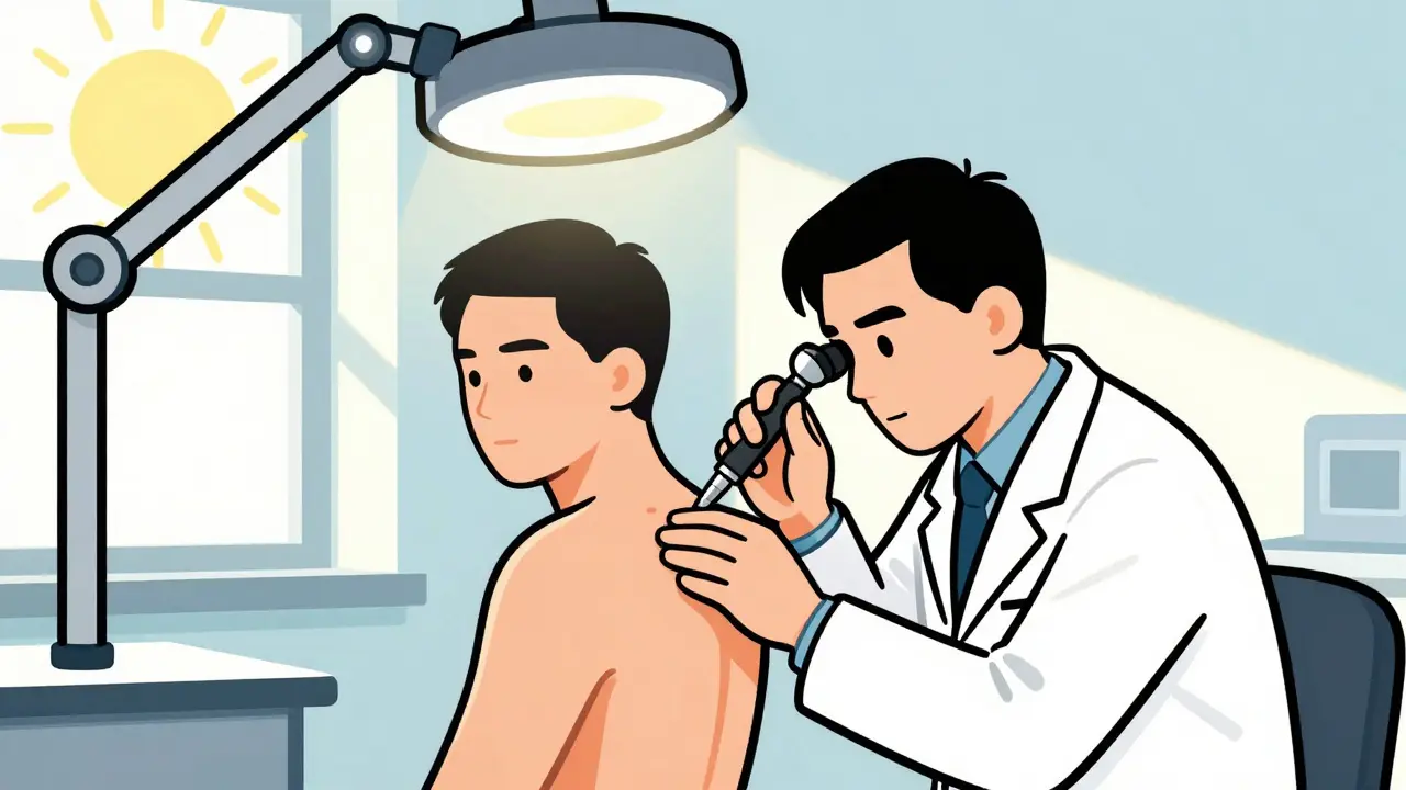 Dermatologist examining a patient's skin under bright light using a magnifying lens.
