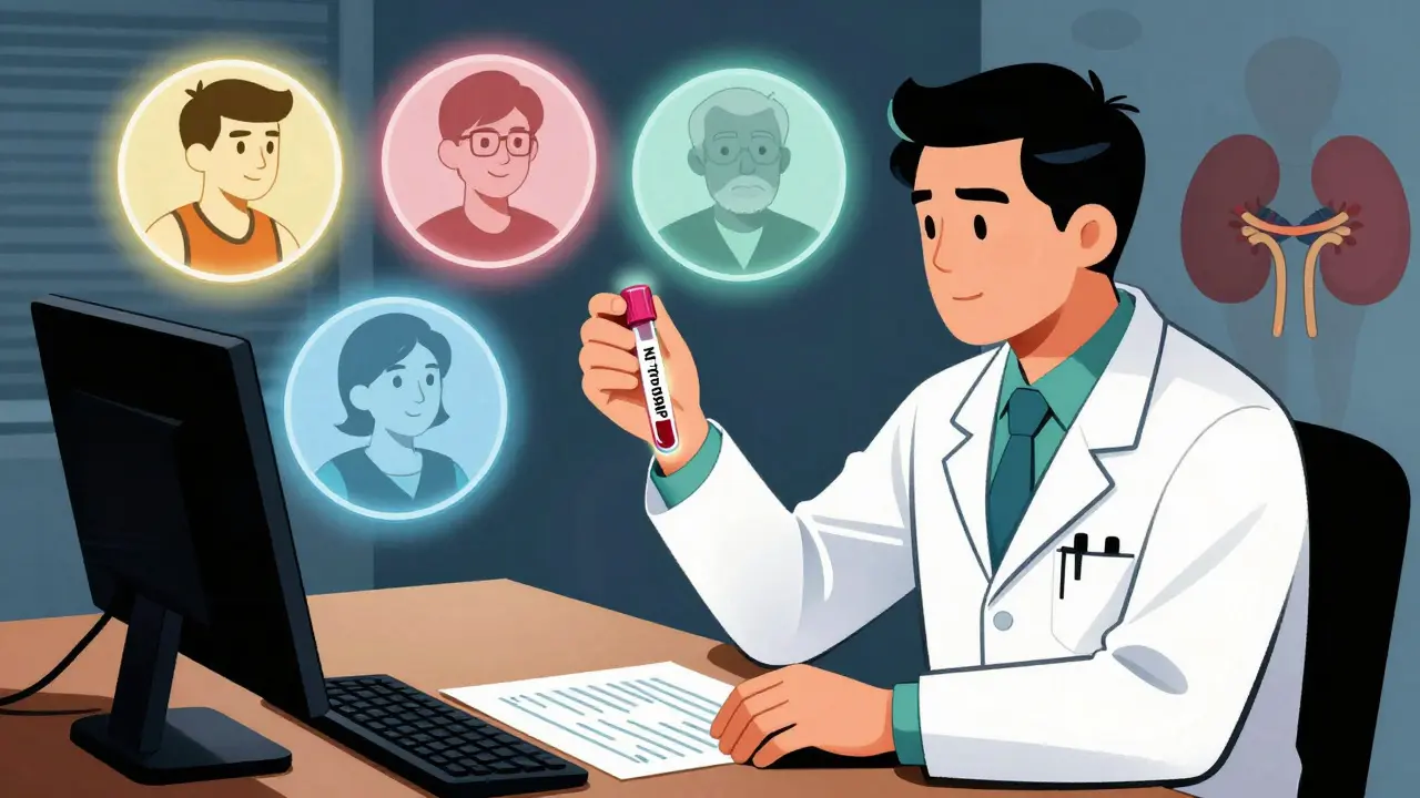 Doctor analyzing blood test with age and kidney factors