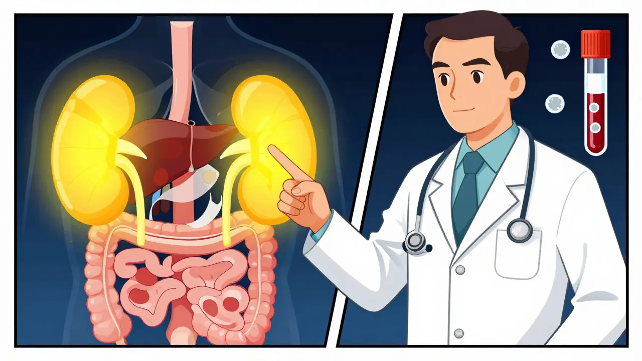 Doctor pointing at stylized inflamed organs and blood cells