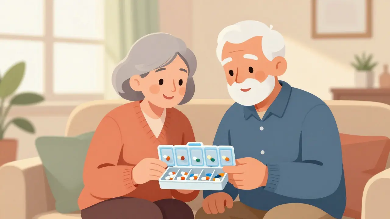 Elderly couple enjoying peace of mind with organized medication schedule.