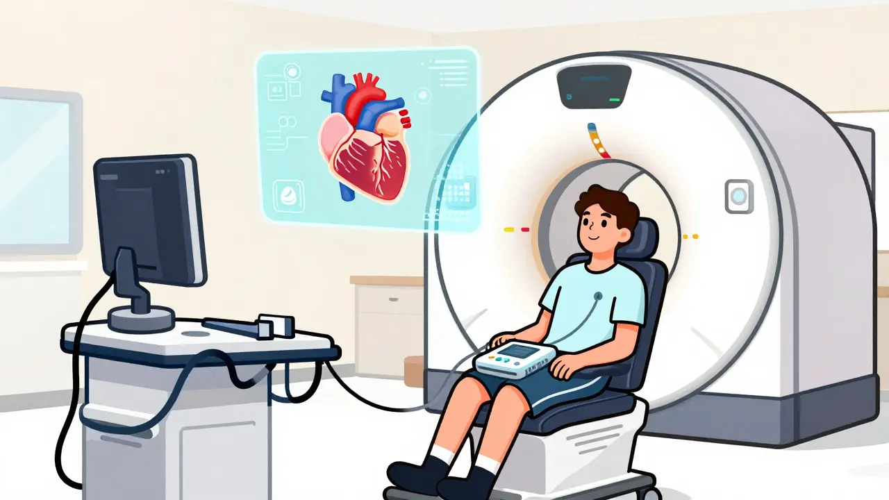 Futuristic cartoon of patient using combined ultrasound and open MRI with AI data integration.
