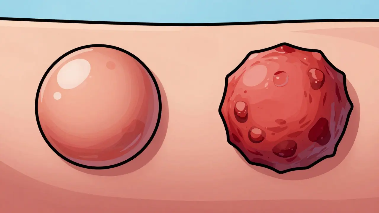 Graphic illustration comparing a pearly BCC bump and a scaly SCC lesion on skin.