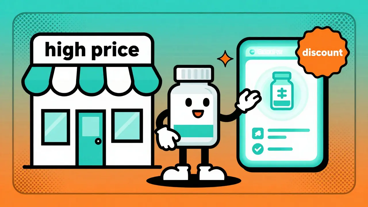 Graphic illustration comparing store prices vs online discounts for vitamins