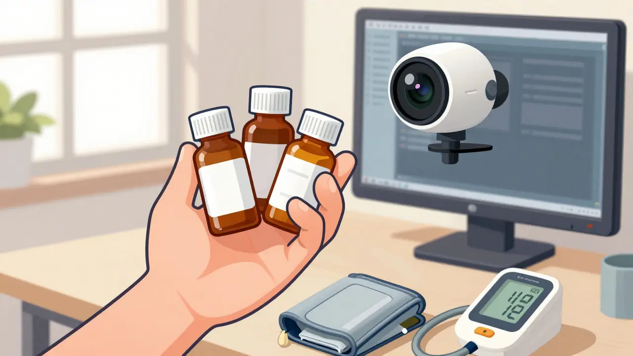 Hand holding pill bottles to webcam with medical devices on desk