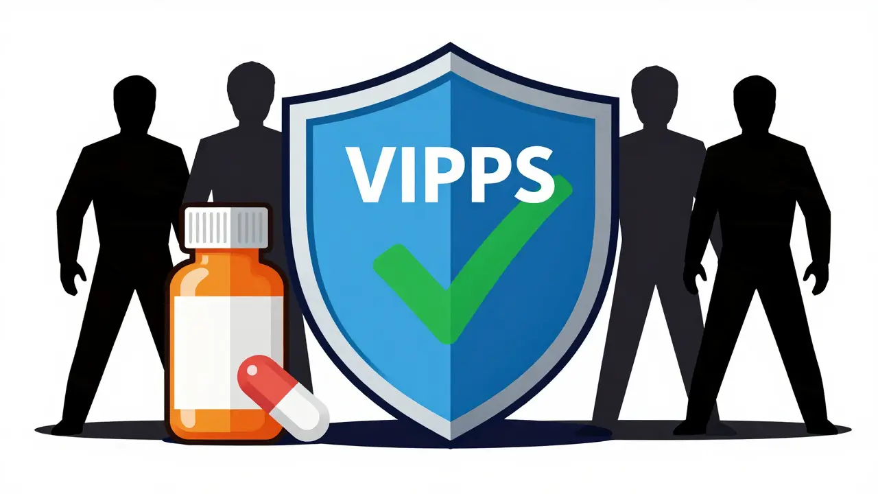 Illustration of a safety shield protecting medication from counterfeit risks.