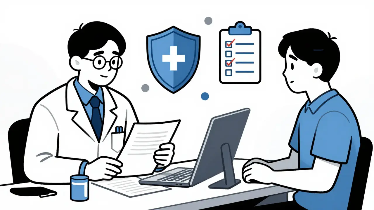 Illustration of pharmacist and patient connecting via video call