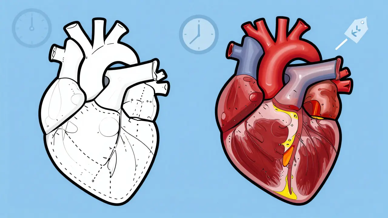 Illustration showing precise MRI heart scan versus geometric echo estimate with scar tissue detail.