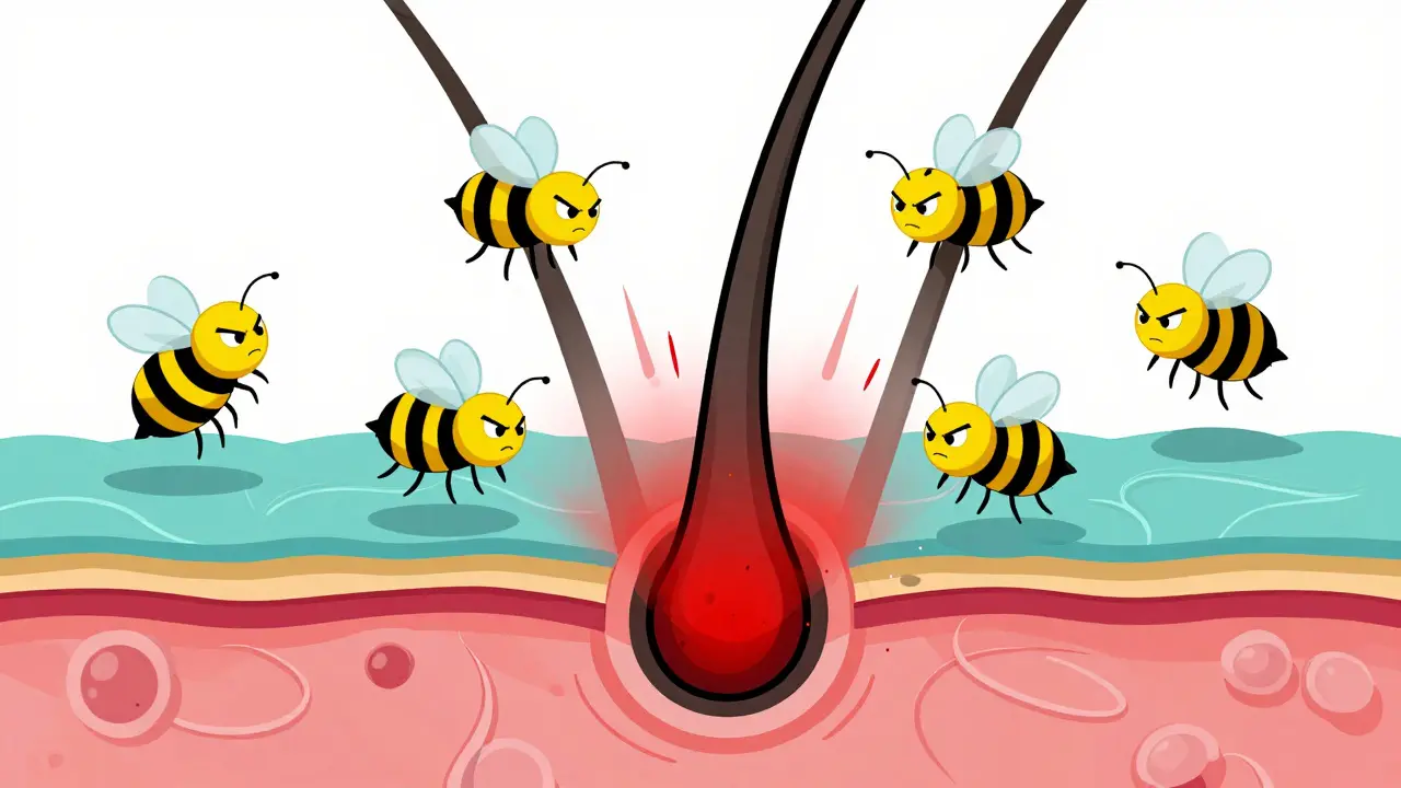 Immune cells attacking hair follicle cartoon